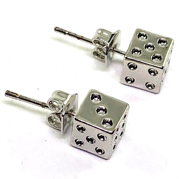 lucky dice stud earrings silver tone casino vegas game novelty fun retro kitsch - Picture 2 of 5